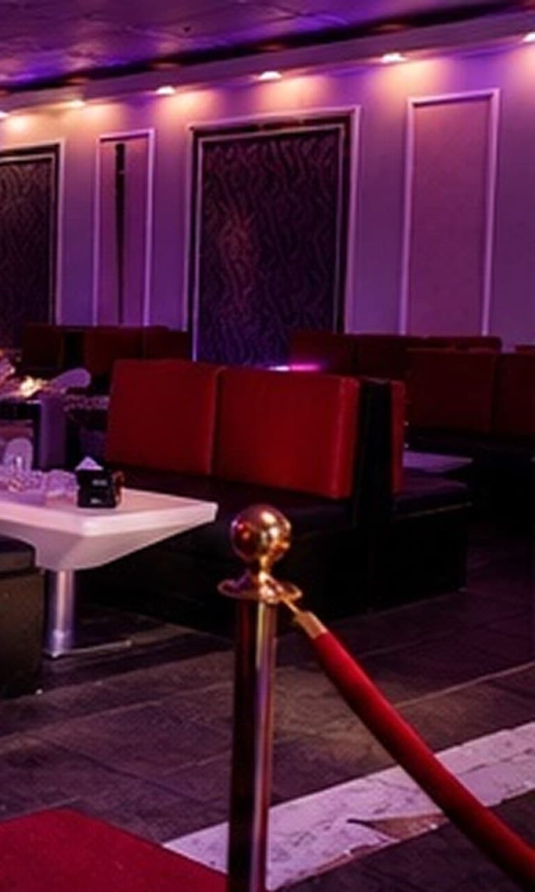 A gold stanchion and red velvet rope lining the carpet outside the lounge booths.