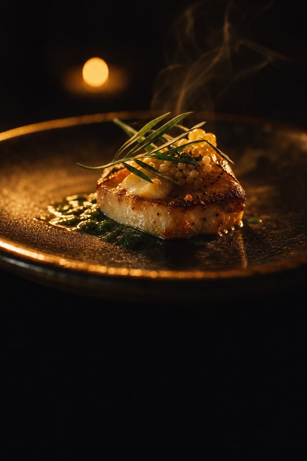 An elegant plated dish under warm editorial light.