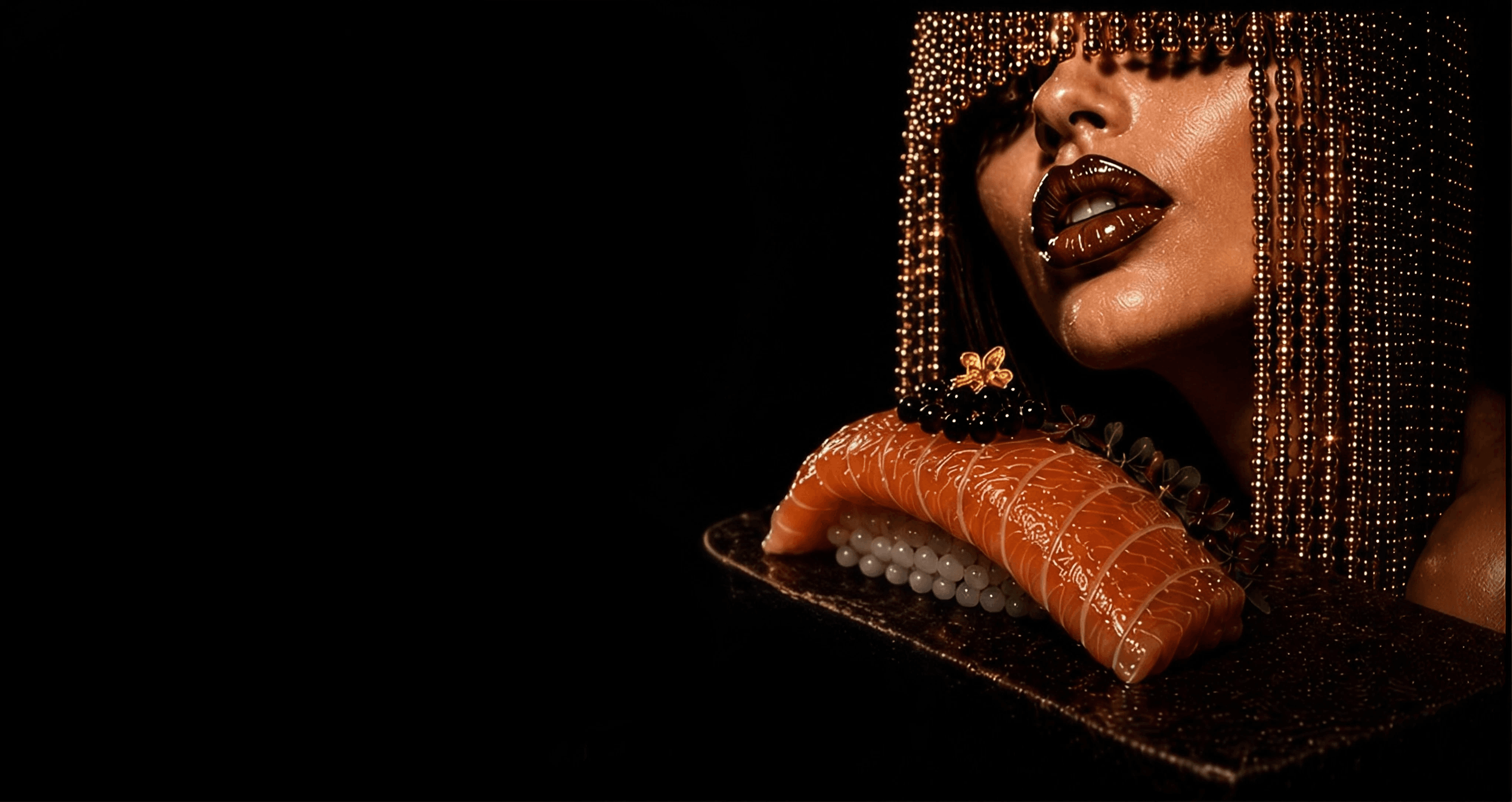 Chef's Kiss — a veiled model and a single piece of couture salmon nigiri.