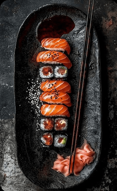 An overhead platter of curated nigiri and rolls.